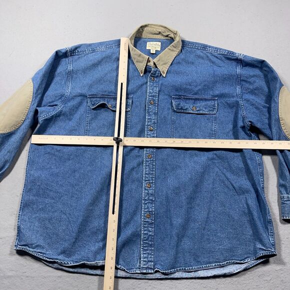 Cabelas Denim Shirt Mens 3XL Button Up Long Sleeve Workwear Blue Elbow Patches - Picture 5 of 12